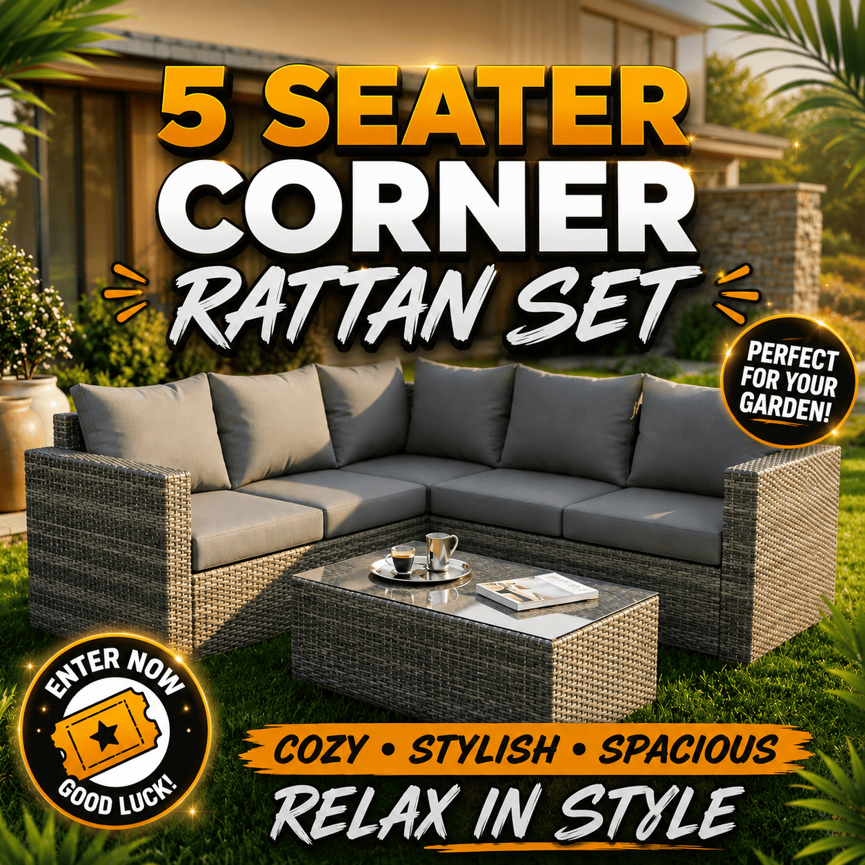 5 SEATER CORNER RATTAN GARDEN FURNITURE