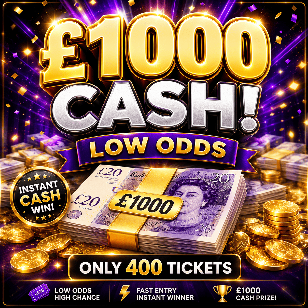 WIN £1000 CASH LOW ODDS ONLY 400 TICKETS